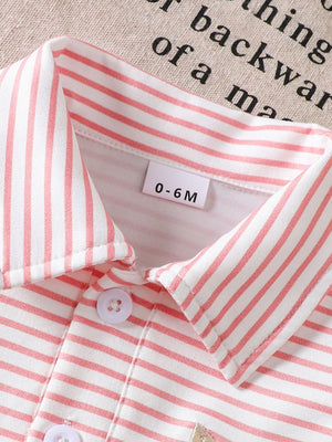 Pink striped polo shirt for baby with classic collar and button detail.