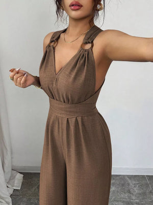 Sleeveless V-neck Wide-leg Jumpsuit in Brown with sleeveless