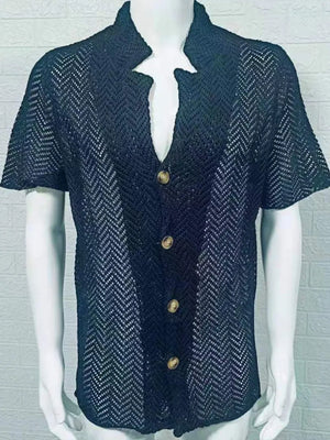 Black open-knit herringbone resort shirt with short sleeves and button front