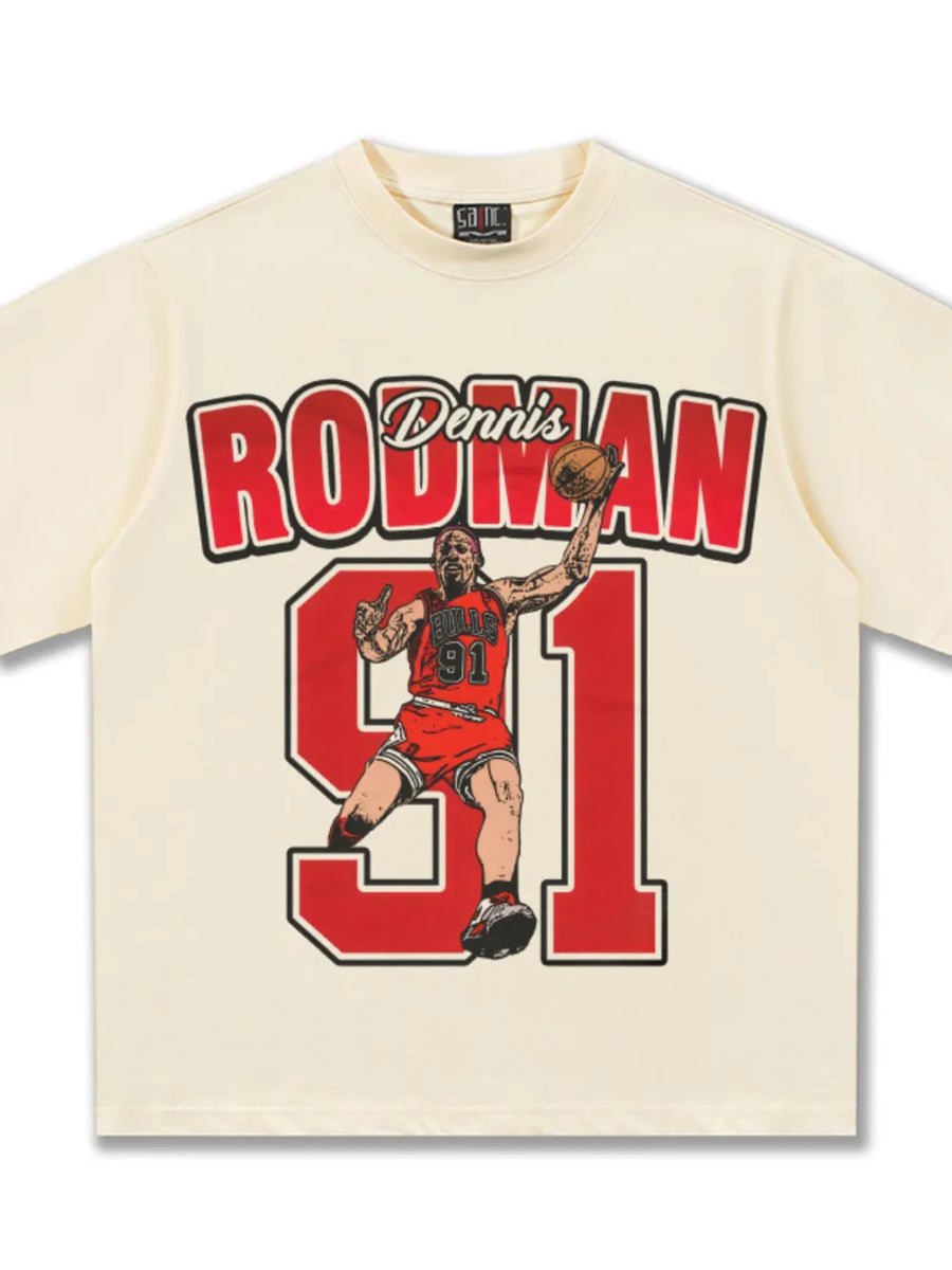 Men's cream cotton graphic t-shirt with Dennis Rodman and number 91 print