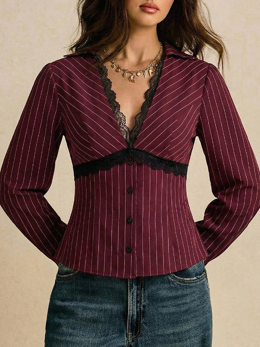 burgundy blouse with hip-length and button-front