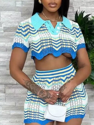 Chevron knit two-piece set with a crop top and skirt in light blue stripes.