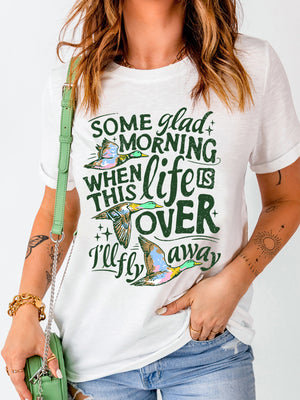 white t-shirt with graphic print and crew neck