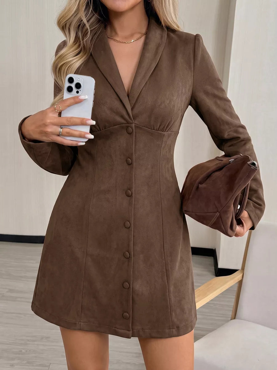 94% polyester, 6% elastane Care instructions: Machine wash cold shirt dress in chocolate brown with A-line silhouette