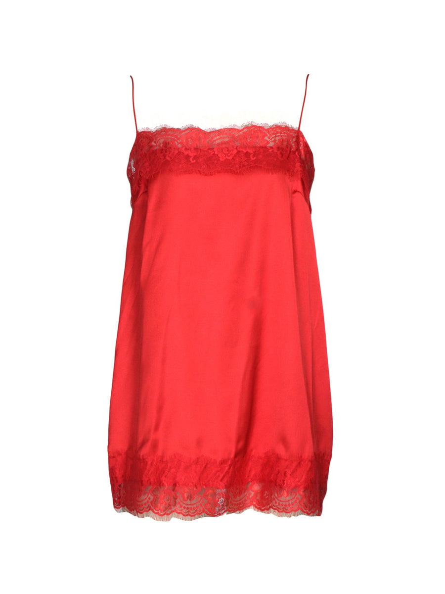 Red satin cami top with lace trim detail at neckline and hem.