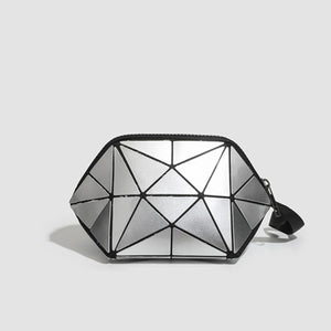 silver clutch with zip-front and geometric