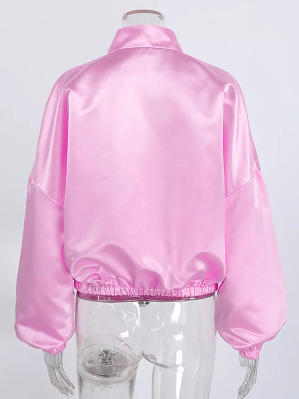 Pink oversized button-up shirt with mandarin collar