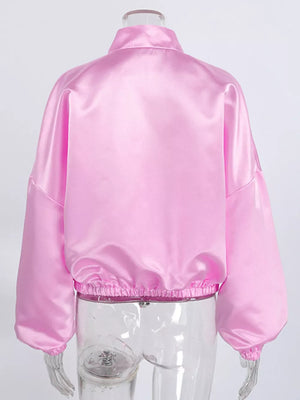 Pink oversized button-up shirt with mandarin collar