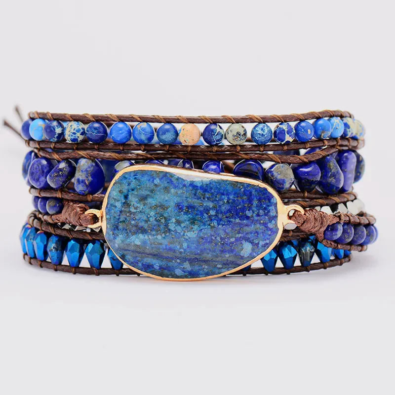 Bohemian wrap bracelet with blue stones and beads on brown cord