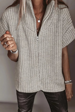 zip-up sweater in oatmeal featuring zipper and regular fit