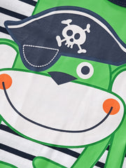 Toddler t-shirt with green pirate monkey graphic and striped sleeves.