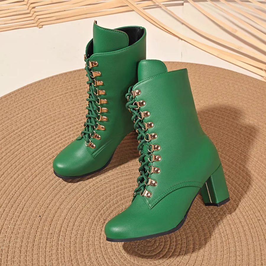 Green lace-up block heel boots with gold hardware detail