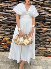 White pleated midi dress with cap sleeves and deep V-neck, cinched waist, scalloped hem.