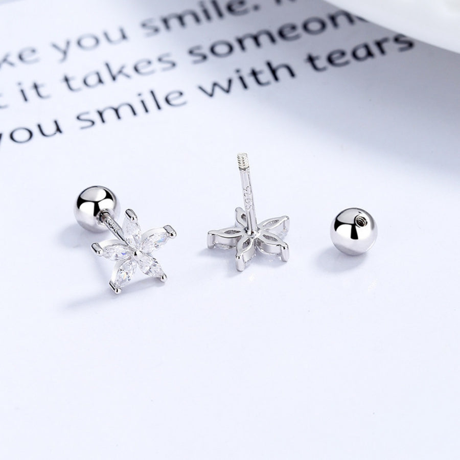Silver flower stud earrings with clear cubic zirconia, 925 sterling.