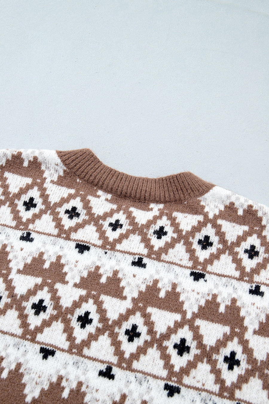 pullover sweater featuring geometric in Caramel with 42% acrylic, 30% polyester, 28% polyamide Care instructions: Machine