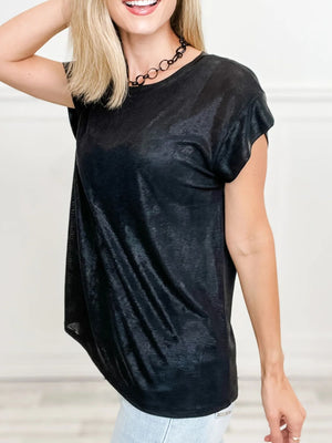 Black metallic tee with cap sleeves and round neck, made of polyester and spandex blend.