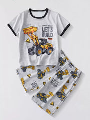 Toddler grey cotton blend tee and shorts set with construction vehicle print and "Let's Build" text.