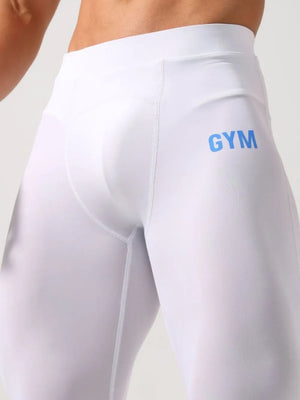 White compression capri leggings with blue GYM logo detail