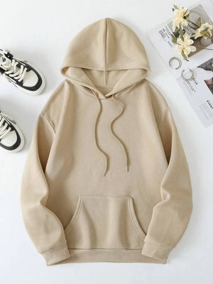 Tan graphic hoodie with drawstring hood and front pocket.