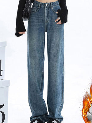 wide-leg jeans in Vintage Blue-Fleece-lined Thickened with washed and full-length