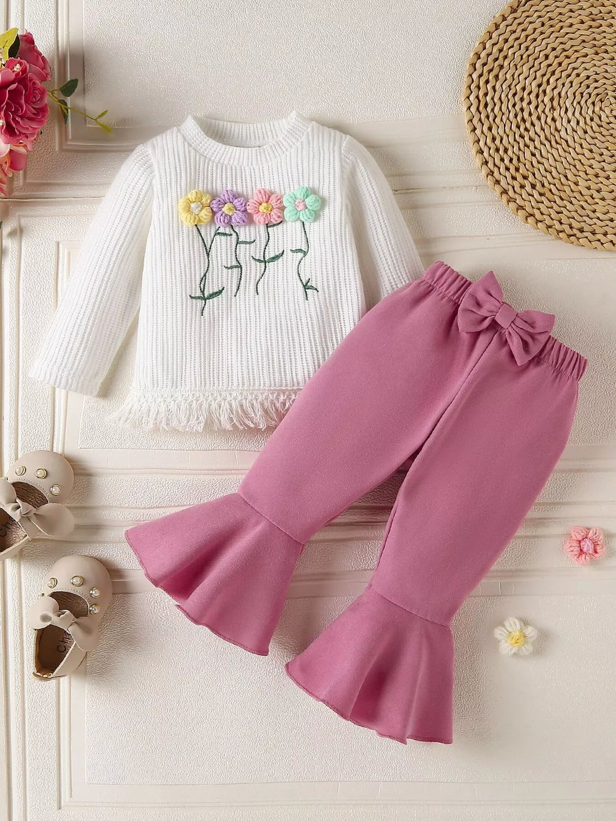 Baby girl white floral applique knit top with fringe and pink flare pants with bow
