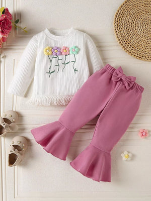 Baby girl white floral applique knit top with fringe and pink flare pants with bow