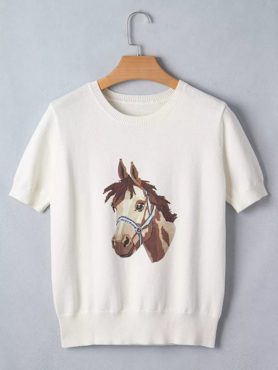 White short-sleeve sweater with horse head graphic and blue halter, acrylic and cotton blend