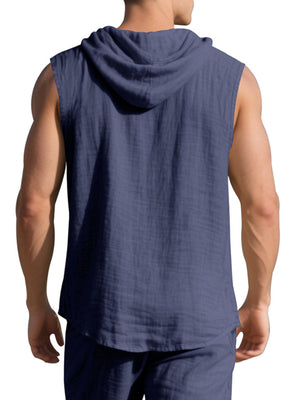 Men's navy blue sleeveless hooded cotton shirt with textured fabric
