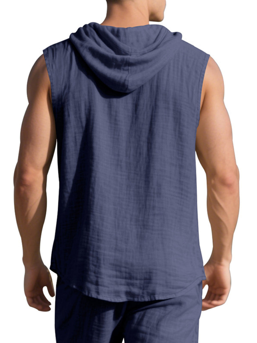 Men's navy blue sleeveless hooded cotton shirt with textured fabric