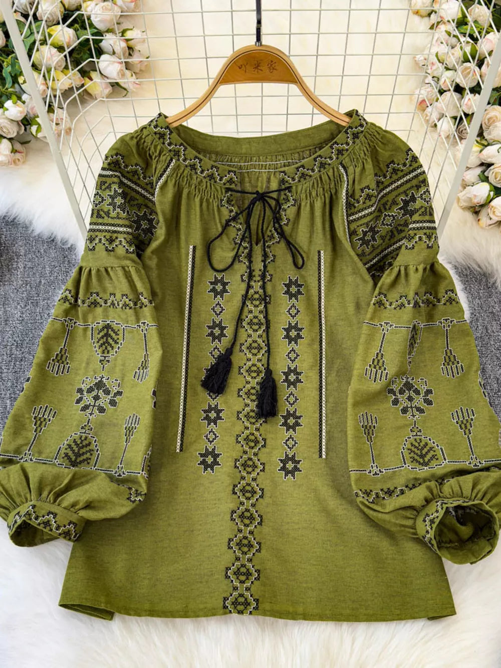 Apricot Bohemian Embroidered Blouse With Tassel Tie