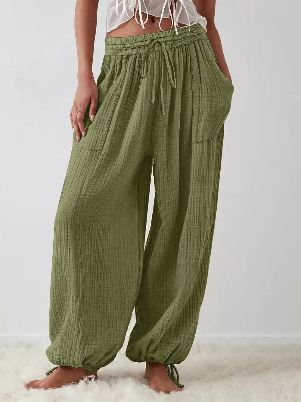 bohemian wide-leg pants in Taupe with N/A