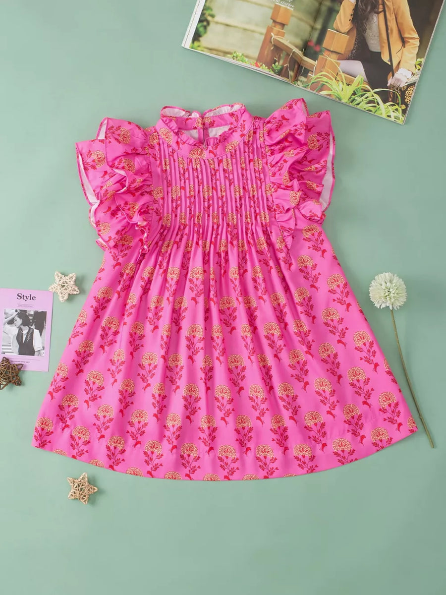 Pink floral print blouse with ruffled flutter sleeves and pintuck details