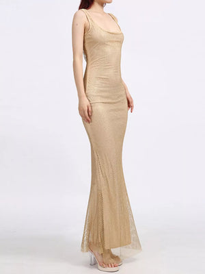 Gold mesh maxi dress with scoop neck and sleeveless cut, flared hem