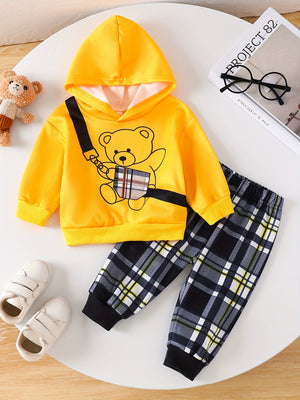 Yellow bear graphic hoodie and black plaid pants set for baby.