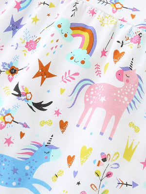 Toddler cotton dress with a white background and a colorful unicorn, rainbow, and star print.