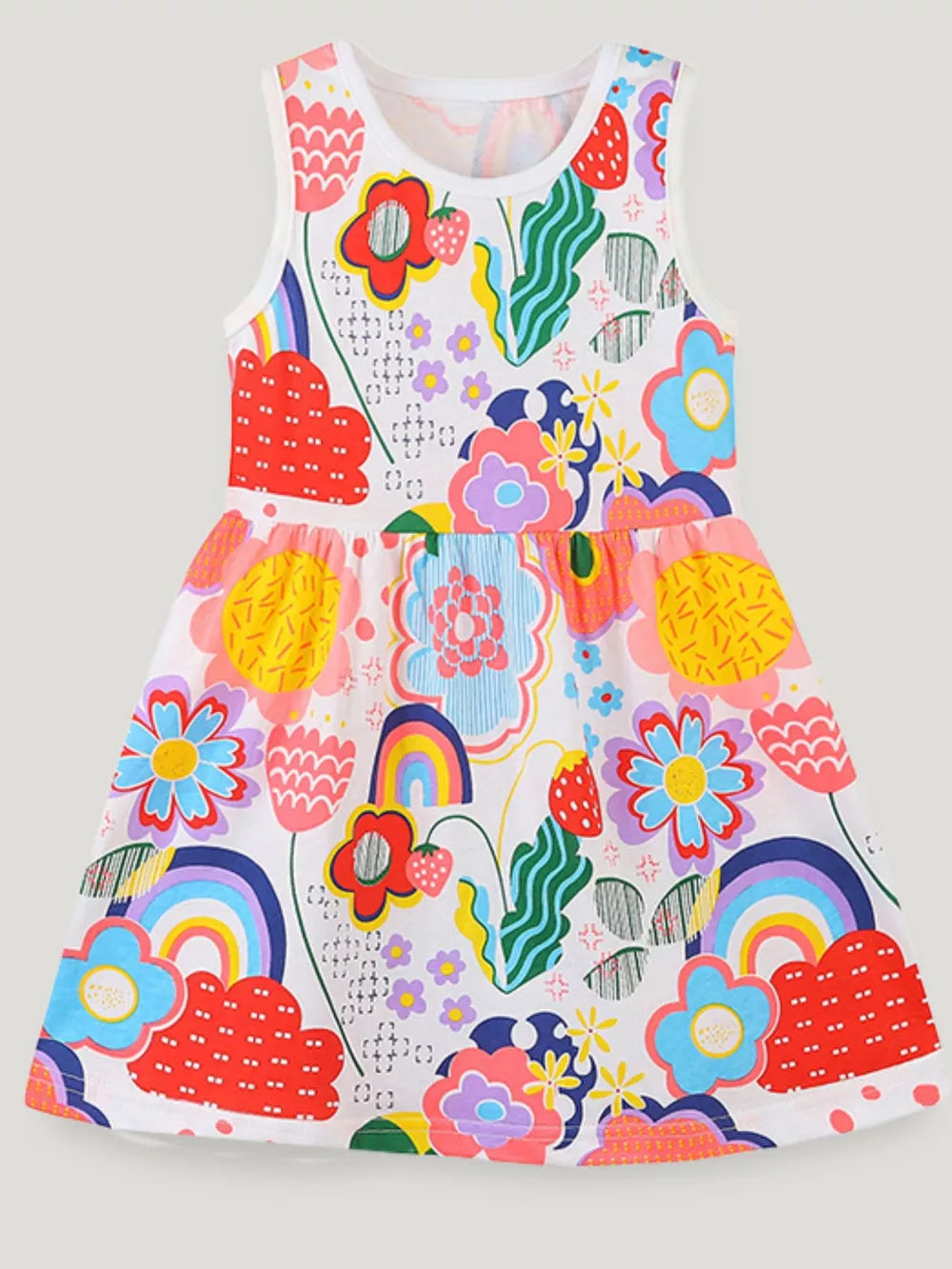Toddler girls sleeveless A-line dress with a cheerful floral and rainbow print.