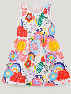 Toddler girls sleeveless A-line dress with a cheerful floral and rainbow print.