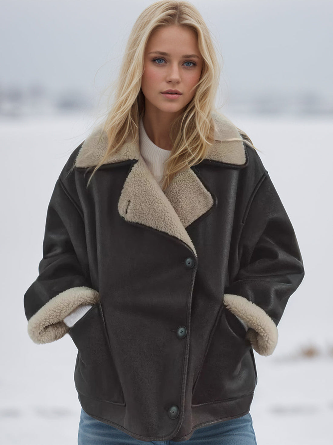 Oversized aviator jacket in chocolate brown with shearling trim and collar.