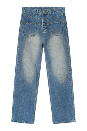 Vintage wash baggy denim trousers in medium blue with a relaxed fit.