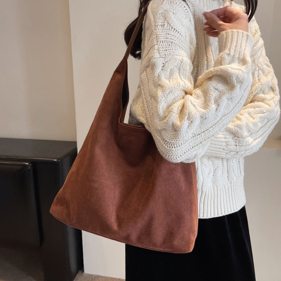 Solid Color Large Suede Shoulder Bag in cognac brown with shoulder strap