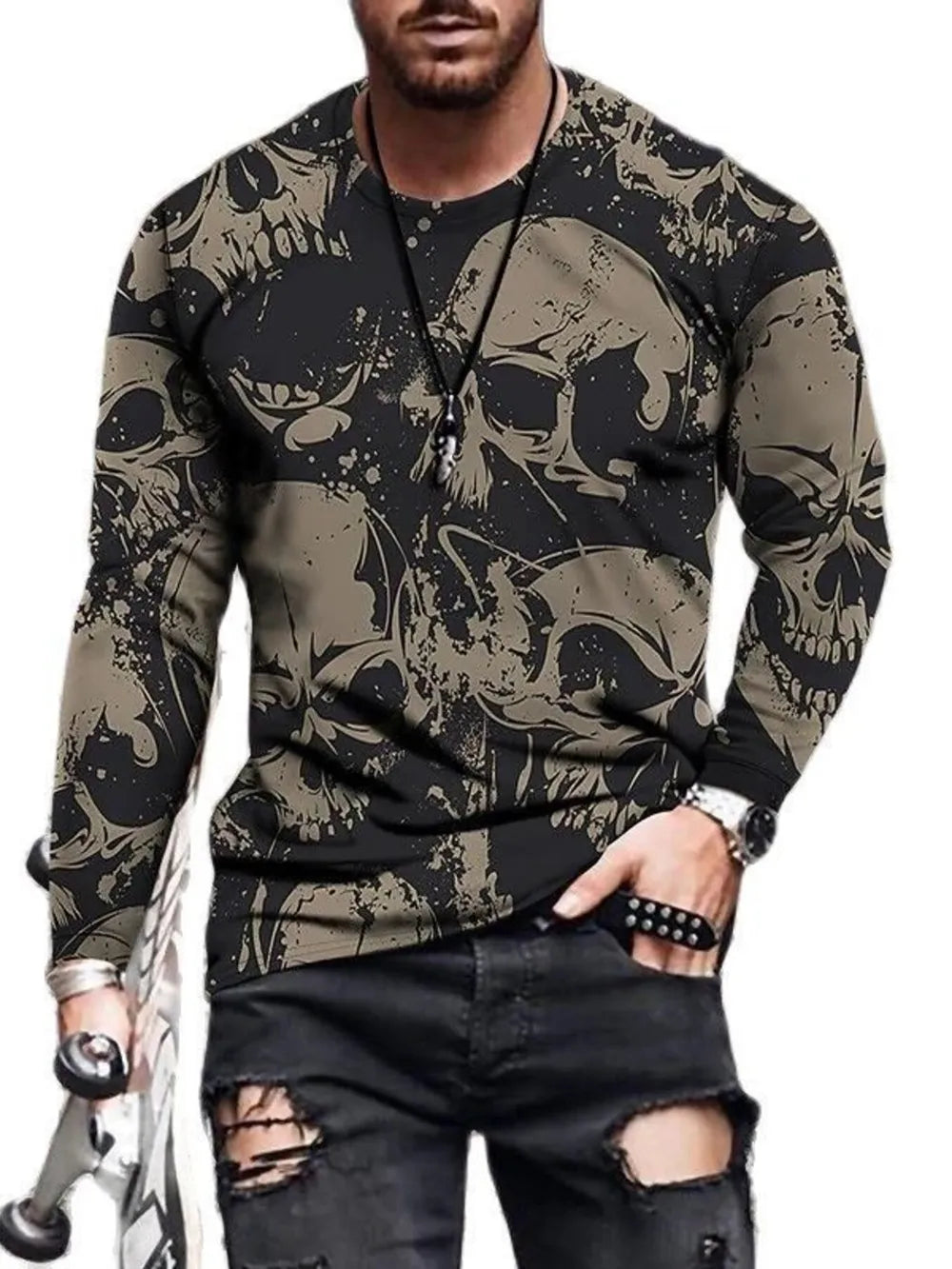 Black Men's Skeleton Embrace Long Sleeve T-shirt Plus Size