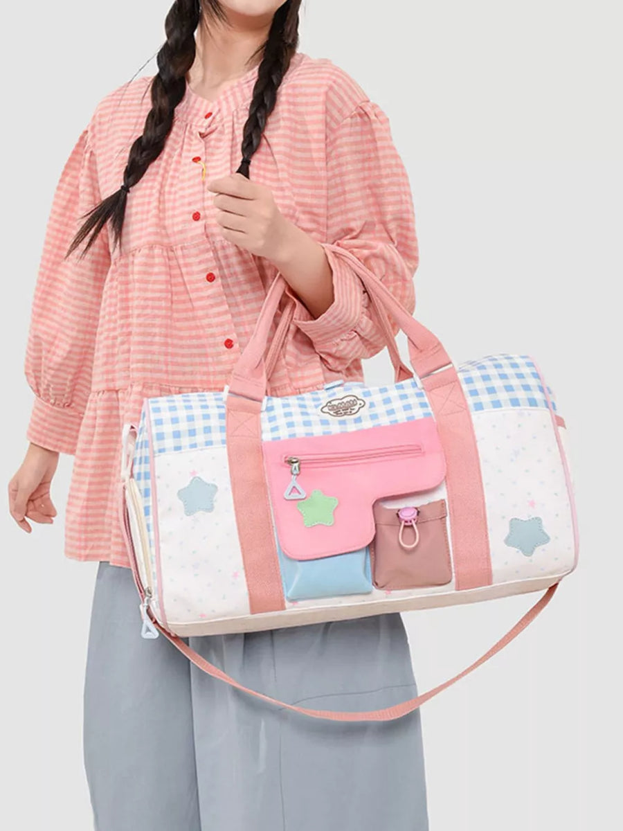 Charming Color Block Travel Bag with multiple pockets and star details.