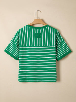 Relaxed-fit green and white striped cotton t-shirt with crew neck and short sleeves.