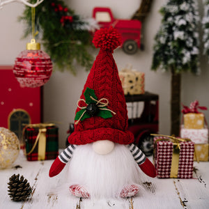 Illuminated knit gnome with red hat and white beard, battery operated holiday decor.