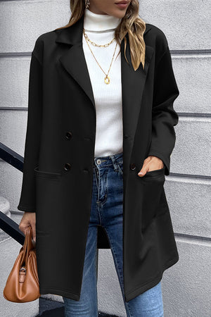 Black double-breasted soft-drape blazer coat with lapel collar and front pockets.