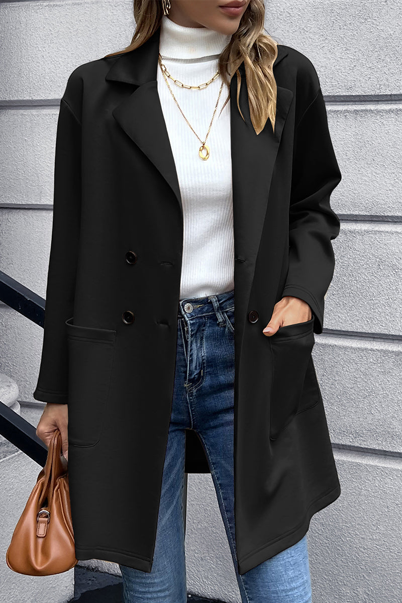 Black double-breasted soft-drape blazer coat with lapel collar and front pockets.