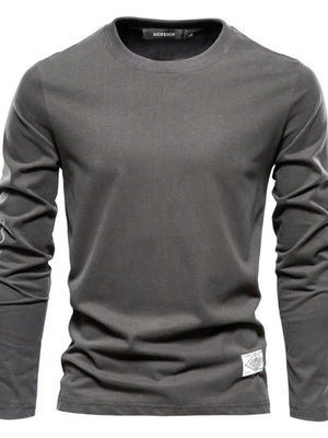 Dark Gray crew-neck long sleeve tee with textured fabric and a diamond patch detail.