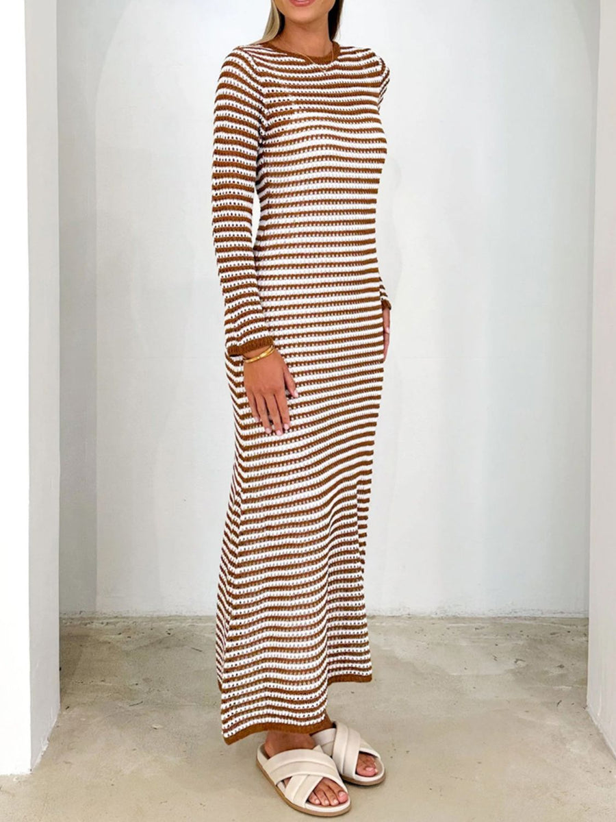 Caramel and white striped maxi sweater dress with long sleeves and a crew neck.
