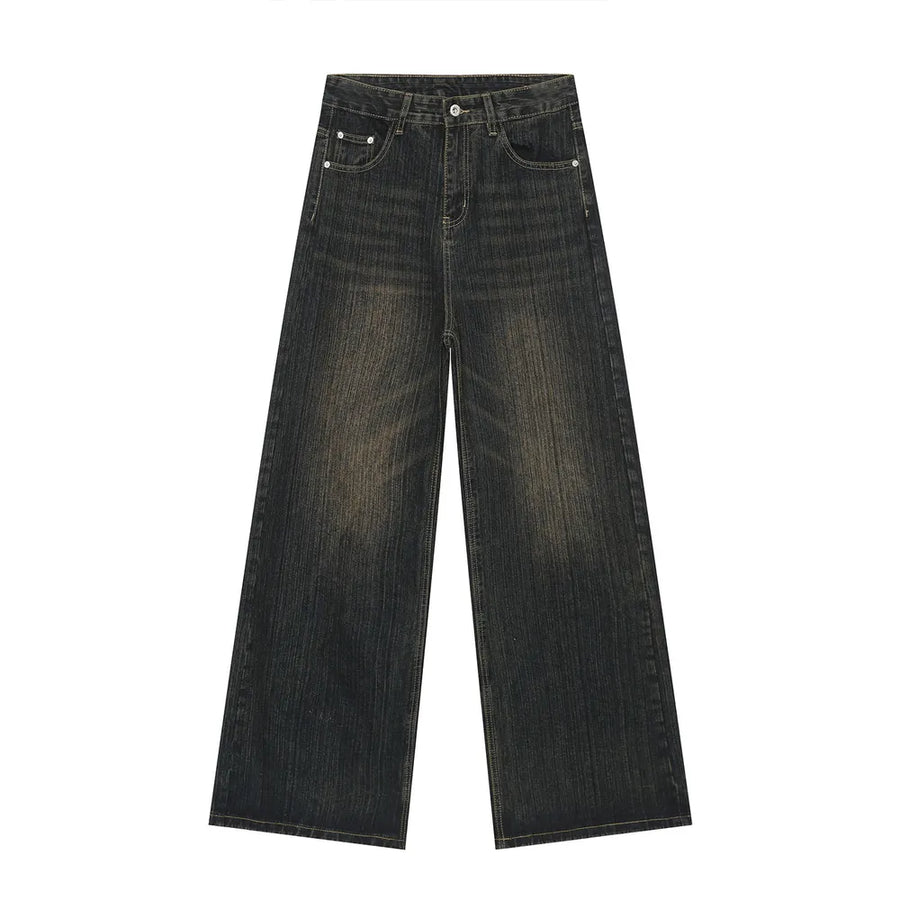 Dark wash wide-leg denim jeans with a relaxed fit and vintage wash.