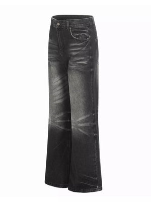 Men's vintage wash wide leg jeans in black with distressed details.